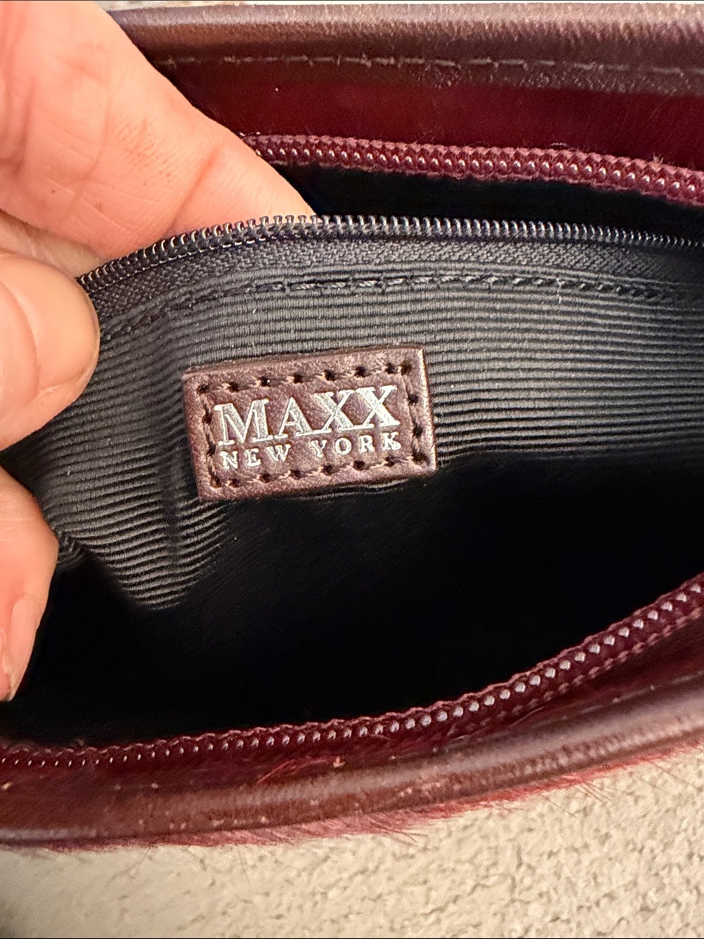 Maxx New York Burgundy Haircalf Shoulder Bag with Brown Trim - Picture 4 of 5